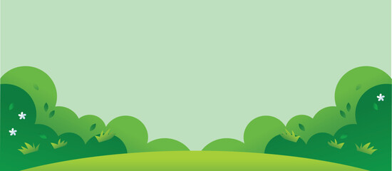 Cartoon green landscape background with lush bushes and fresh grass under bright sky for nature themed illustration or park scene for children storytelling