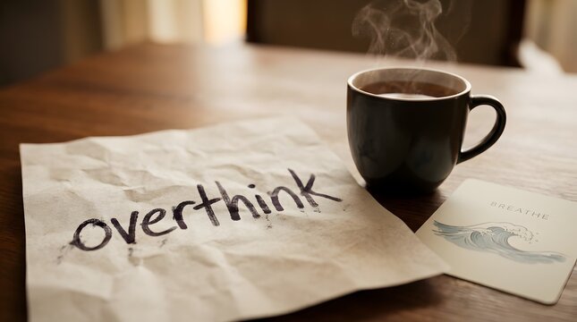 a steaming cup of tea, a crumpled piece of paper