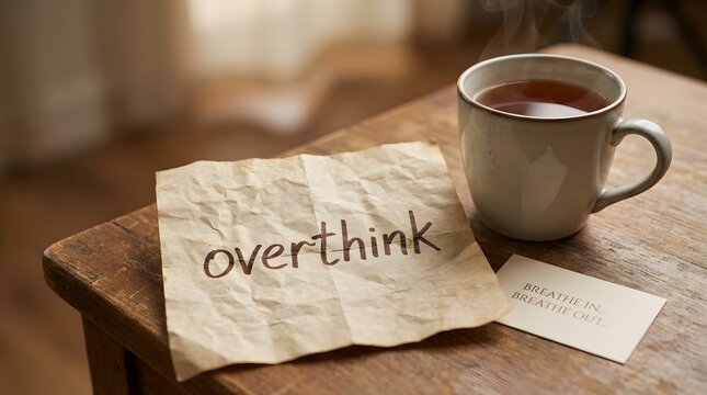 a steaming cup of tea, a crumpled piece of paper