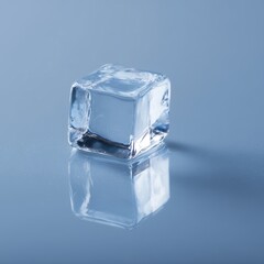 Obraz premium Square transparent ice cube on wet reflective surface, sharp edges, subtle reflections, minimal studio composition