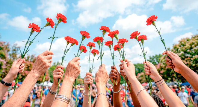 Hands holding red carnations against a bright blue sky with clouds, 25 de abril Portugal
