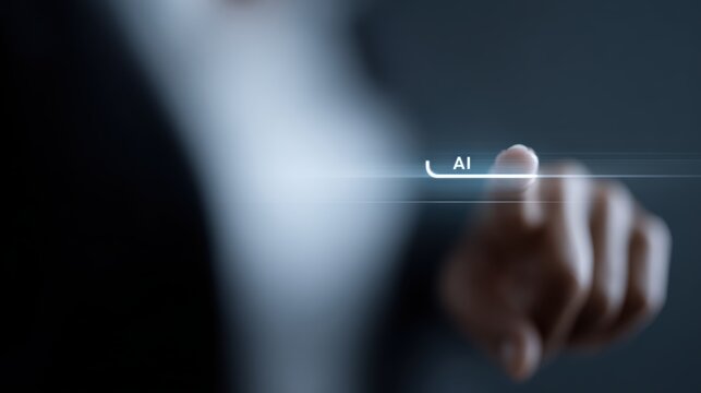 Person touching virtual AI assistant interface with transparent chat window, smart automation concept, dark gradient background