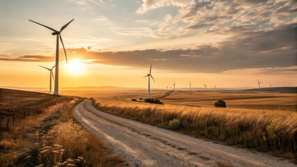 Obraz premium Wind turbines along rural road at golden sunset, renewable energy landscape with dramatic sky and countryside fields, sustainable power generation concept for environment and climate change