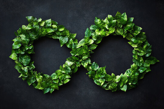 Infinity symbol crafted from lush green leaves represents sustainable infinity future. Powerful visual for circular economy and recycling campaigns globally.