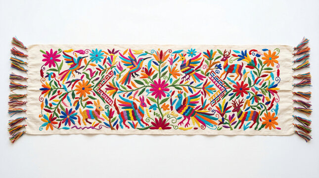 Handmade mexican otomi style embroidery with vibrant floral patterns and colorful animal figures