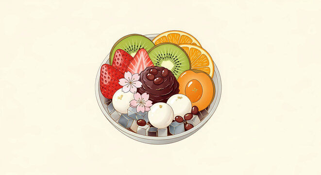 Modern Japanese Graphic Art, a beautiful anmitsu with fruits and red bean paste, in soft, muted pastel tones of cherry blossom, matcha green, apricot