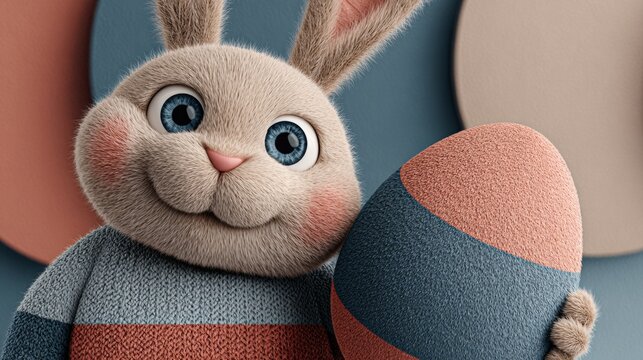 Captivating easter design: multihued bunny and egg on bold background. Experimental photography. Pastel bunny with vivid egg placed on a soft gradient backdrop. Strange beauty.