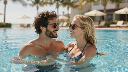 Fototapeta premium Happy Couple in Swimming Pool at Luxury All-Inclusive Resort for Travel Marketing and Vacation Lifestyle Content