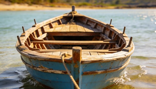 Sitting weathered wooden rowboat showing interior ribs, frayed bow rope, oarlocks in shallow bay