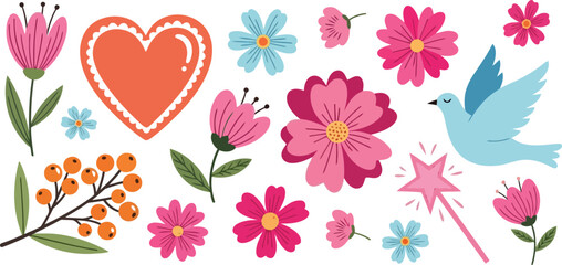 Obraz premium A collection of colorful hand drawn floral elements with a heart a dove and a magic wand icon set Vector
