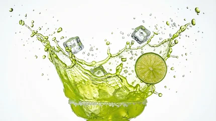 Tableau sur plexiglas  Refreshing lime cocktail splashing out of a glass with ice cubes and a fresh citrus fruit slice  © PROSENJIT