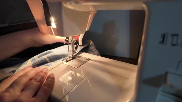 Sewing at home during the evening. Crafting a piece of bed duvet cover.