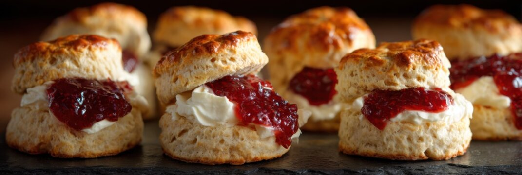 Close-up of Scones with Cream and Jam on a Dark Surface afternoon tea british