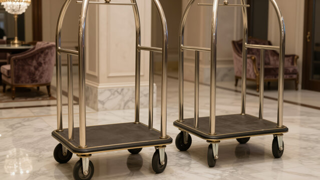 Vintage Hotel Luggage Carts &ndash; Ornate Metal Carts on Marble Floor in Elegant Lobby for Travel Blogs, Hospitality Websites, and Luxury Interior Design