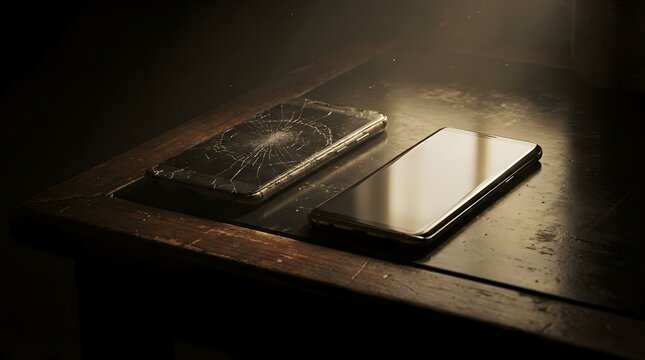 A detailed overhead photograph captures a cluttered but organized rustic wooden desk surface with a clear central division.