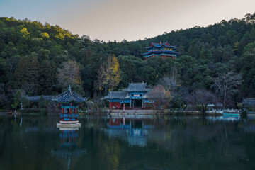 Obraz premium The ancient architecture and natural beauty of Heilongtan Park in Lijiang City, Yunnan Province, China on January 12, 2026