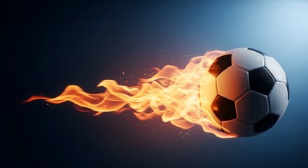 Naklejka premium Realistic soccer ball flying through the air with a trail of orange flames on a dark blue background.