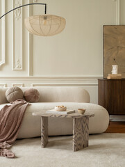 Minimalist living room interior with modern furniture and natural light, creating a serene and inviting atmosphere