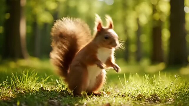 A vibrant red squirrel stands alert in a dappled sunlit forest, its bushy tail raised, capturing a moment of wild beauty and natural grace amidst lush greenery, showcasing the serene wilderness