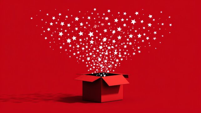 Minimalist festive concept with oversized open gift box releasing stars and sparkles on red, ideal for holiday, celebration, or marketing visuals