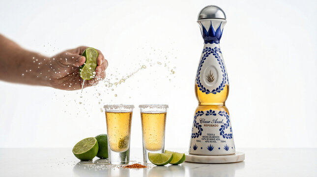 A premium bottle of clase azul reposado tequila with two salt rimmed shot glasses and fresh lime