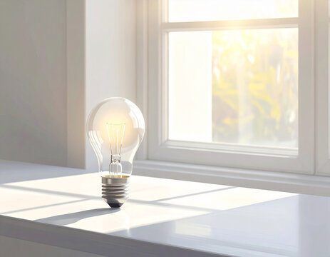 A single light bulb sits on a modern desk near a sunny window, symbolizing innovation and business ideas.