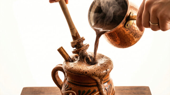 A steaming traditional mexican hot chocolate being poured from a copper pot into a clay jar mug