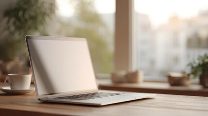 Fototapeta premium Laptop computer sitting on a wooden table in front of a large window. the laptop is open and the screen is blank, with no text or images on it.