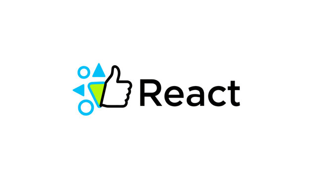 The logo shows a thumbs-up icon with geometric shapes and the word "React" in black