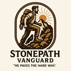 Fototapeta premium Stonepath backpacker climbing mountain rope, suited for outdoor adventure, travel, hiking, climbing, exploration, and extreme sportsrelated concepts.