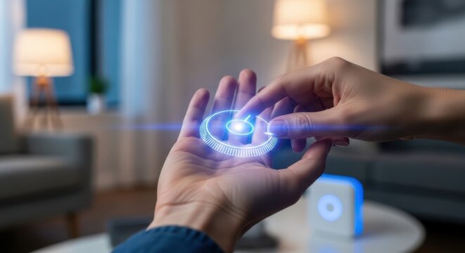 View of hands adjusting virtual room temperature dial, blurred home, blue light, smart living, high resolution visual photo.