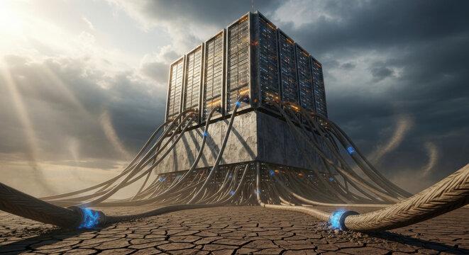A massive monolithic server tower stands in a cracked desert landscape with numerous thick glowing cables extending across the ground under a dramatic cloudy sky with sunbeams