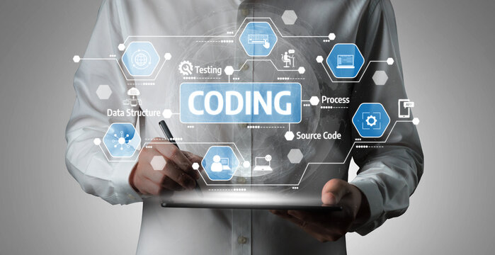 A man in a white shirt interacts with a tablet, showcasing a futuristic interface that represents coding concepts, data structure, and software testing. Tessel