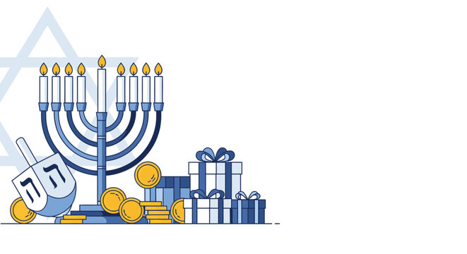 Menorah with dreidel and gifts.