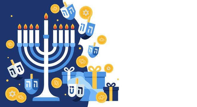 Hanukkah menorah with gifts and coins.