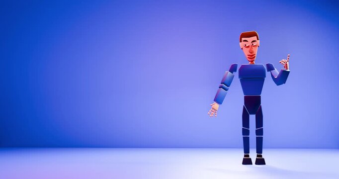 Cartoon human character on blue background. 3d render video.