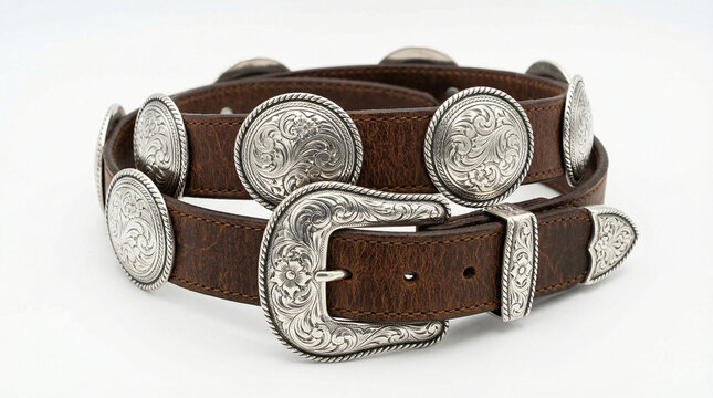 Brown leather belt featuring ornate silver concho embellishments and a matching western buckle