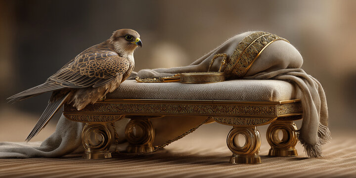 Pair of noble falcons repose near lavish furnishings within serene palace setting