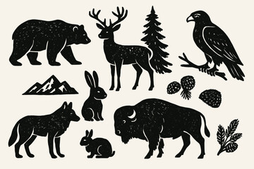 Fototapeta premium Set of black silhouettes of forest animals, plants, and mountains. Ideal for unique designs needing a natureinspired theme. Suitable for brand logos or environmental concepts.