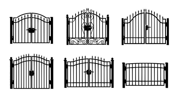 Metal fence gate cartoon icons entrance gate vector set