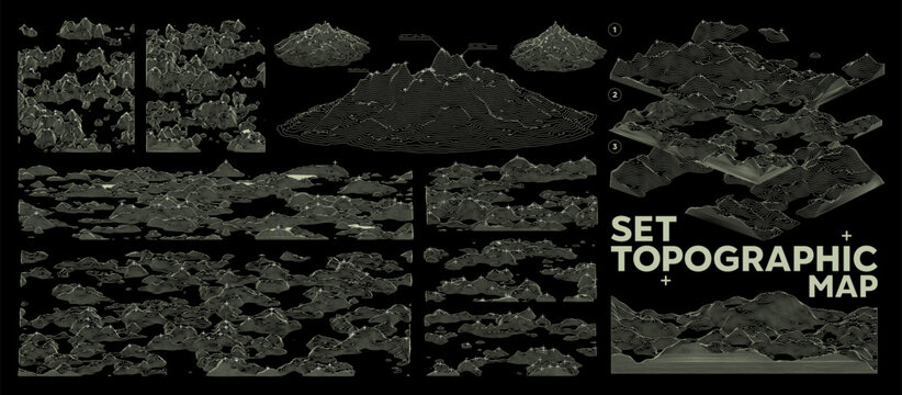 Abstract topographic map with 3D terrain lines. Wireframe mountain landscape, contour elevation and geographic relief pattern. Vector set