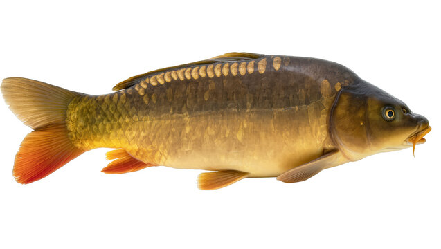 Fresh common carp fish with golden scales and vibrant red fins, side view, ready for cooking