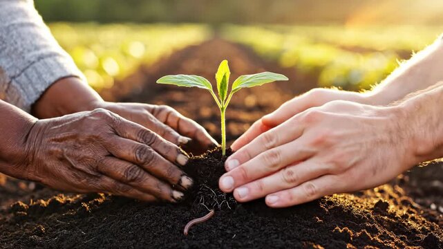 Diverse Hands Planting Young Seedling Together.