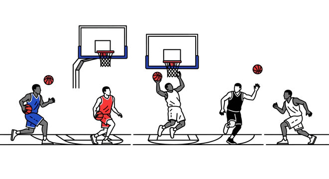 Athletes demonstrate basketball gameplay including dribbling shooting dunking and defense on court with hoops and balls visible