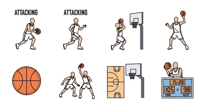 Basketball Activity Collection Illustrating Offensive Movement And Game Elements