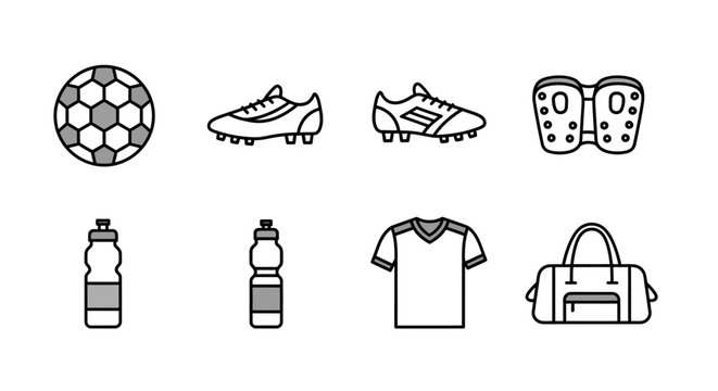 Collection of athletic equipment including a ball cleats water bottles jersey and duffel bag for sports training and competition readiness