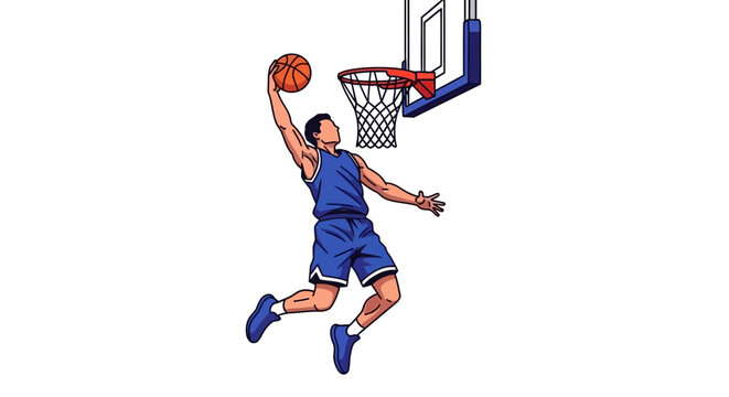 Athletic man in blue uniform performing a slam dunk on a basketball court with a hoop and net during a competitive game action