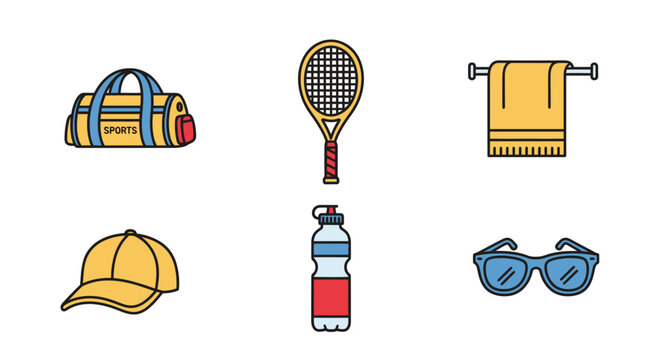 Collection of sports equipment and accessories for fitness and outdoor activity including a duffel bag tennis racket towel cap water bottle and