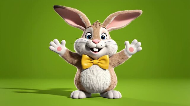 Happy cartoon easter bunny with bowtie waves hello