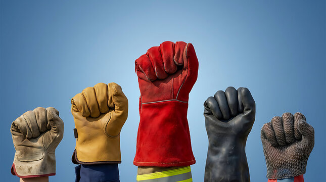 Workers hands in different gloves raised high in unity showing strength teamwork and labor day celebration